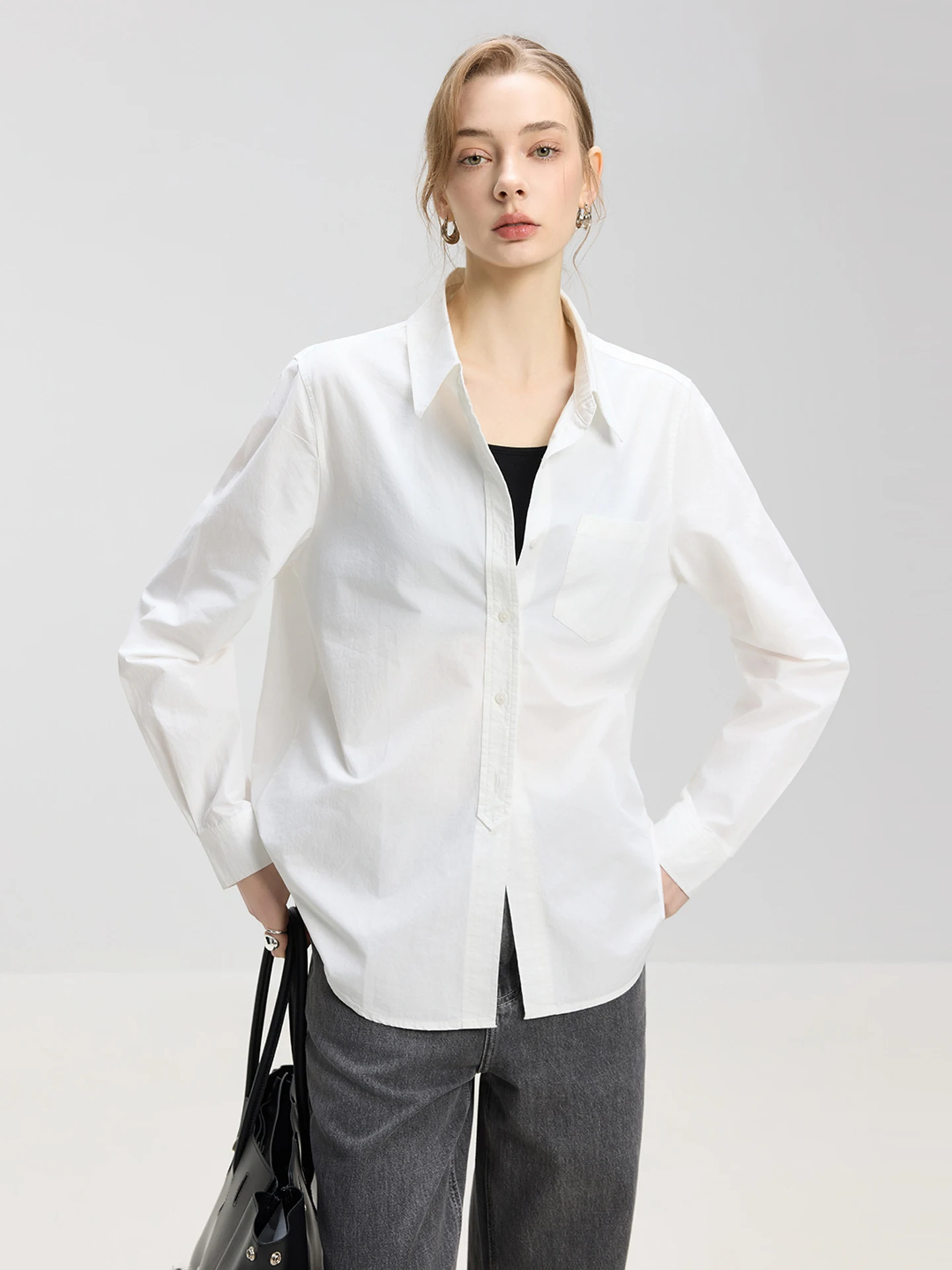 

LUR Minimalist Style Pure Cotton White Shirt Women's Luxury Loose Long Sleeve Turn-down Collar Versatile Layering Shirt