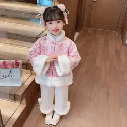 Girl's Hanfu New Year's Clothing Set Winter Baby Tang Dress Thickened Children's Pink Flower Two Piece Plush Pants Ethnic Clothi