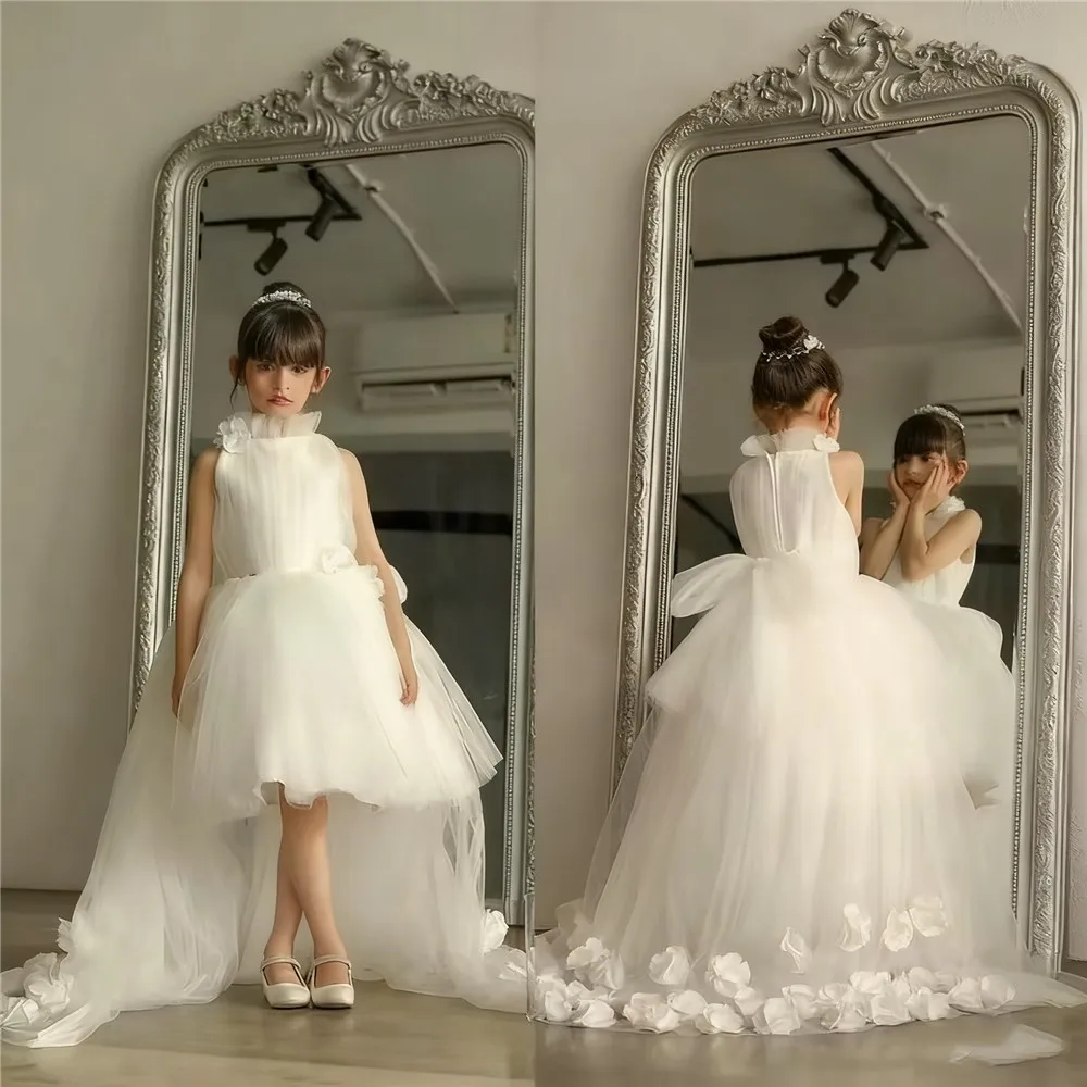 Maßgeschneidertes Blumenmädchenkleid für die Hochzeit, Blumenapplikation, bauschig, ärmellos, Tüll, Geburtstagsfeier, Baby-Erstkommunion-Ballkleid