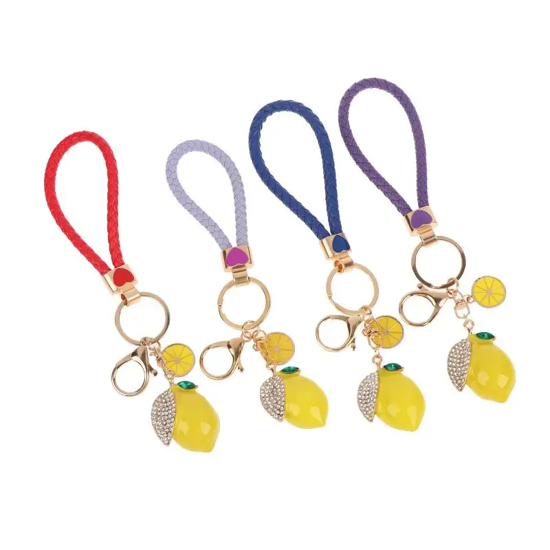 Niedlicher Zitronen-Schlüsselanhänger, modischer Zitronen-Schlüsselring mit Strass, geflochtenes PU-Lederband, Taschenanhänger, Dekoration, schöne Geschenke – Detail 6