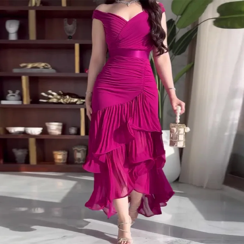 

2025 Summer New European Style Amazon Cross-Border Women's Clothing Sweet Solid Color Medium Waist Slimming Dress Long Dress