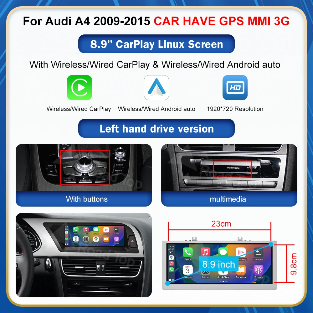 8.9 Inch 12.3 ''Road Top Touch Display Multimedia Speler Andriod Auto Link Voor Audi A4 S4 B8 2009-2015 GPS Carplay Scherm