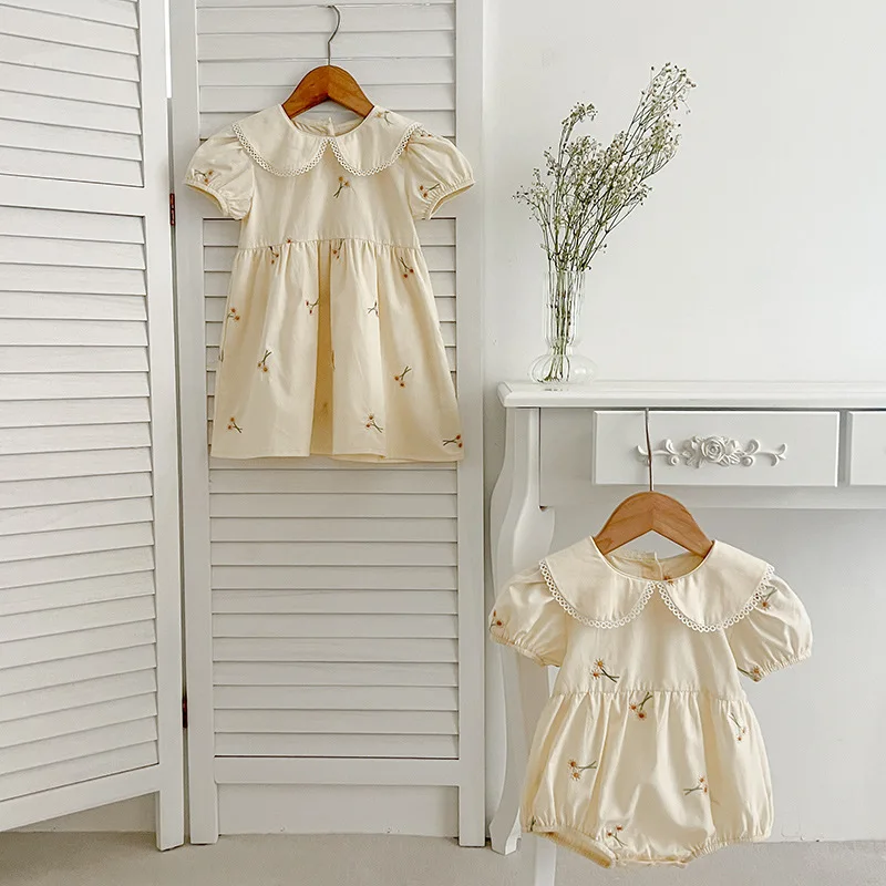 

Summer Baby Girl Dress Set Floral Print Embroidered Romper Matching Sister Outfits for Toddler 0-8 Years Cute Princess Clothes