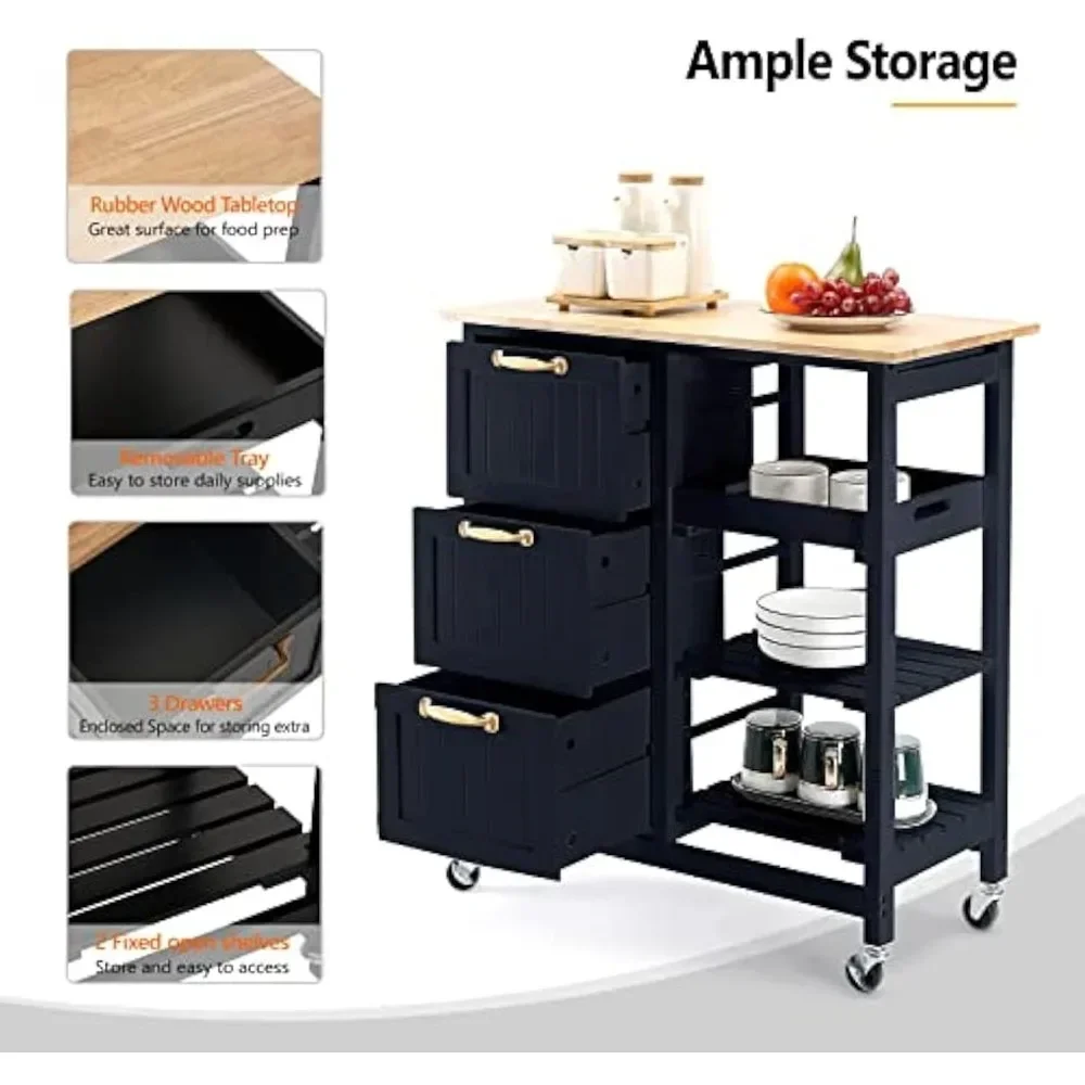 Storage Rack Trolley, Kitchen Island Cart with 3 Drawers 2 Tier Rack Removable Tray Black Rolling Kitchen Storage, Kitchen Cart