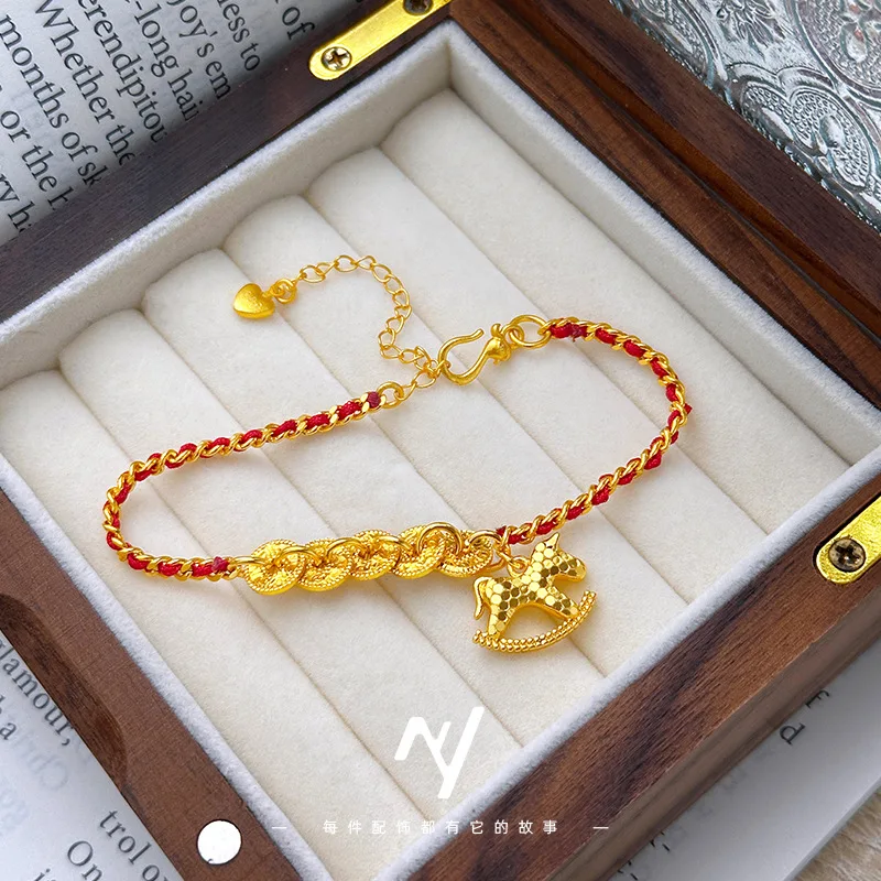 

Легкий роскошный браслет из настоящего золота 9999 24 карата с разбитым льдом, пять императоров, денег, маленький деревянный браслет с лошадью, браслет из красной веревки, подарок