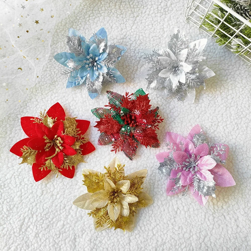 3pcs 12.5cm Christmas Flowers Glitter Artificial Red Gold Flower Home Fake Flower DIY Xmas Tree Ornament Garlands New Year Decor