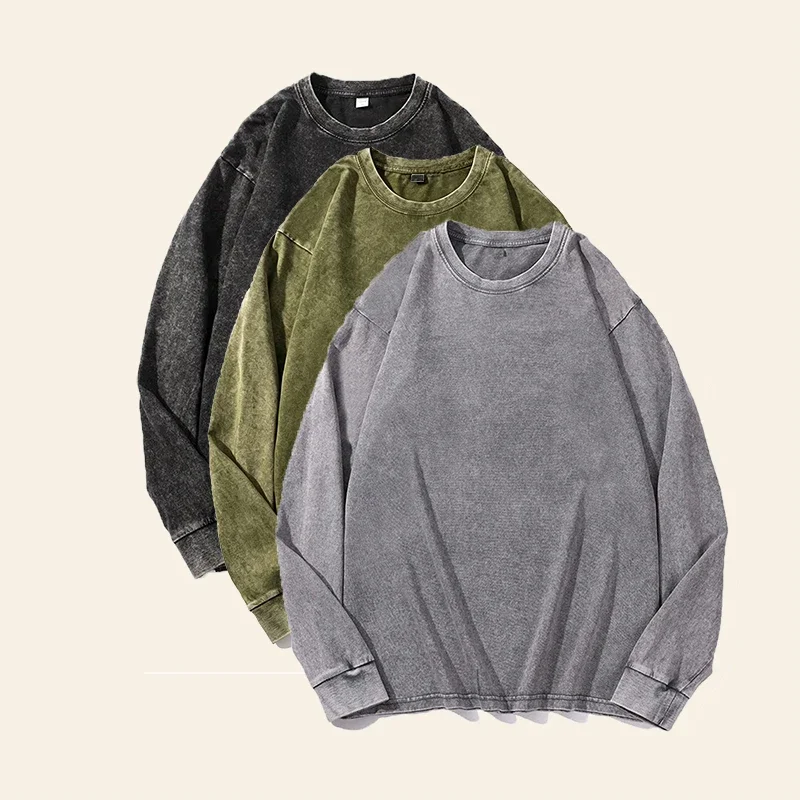 3 Pieces Y2K Fashion Mens Streetwear Black T Shirt Autumn New Washed Cotton Vintage Solid O Collared Long Sleeve T Shirt For Men