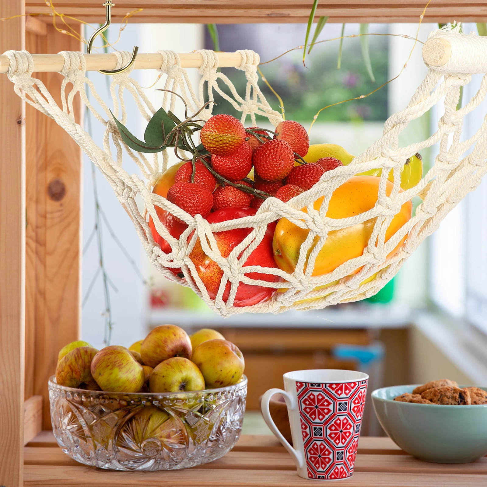 

1 Set Of Vegetable Fruit Net Bag Woven Hanging Storage Basket Multi-Function Organizer Kitchen Home Accessory Cotton Rope Banana