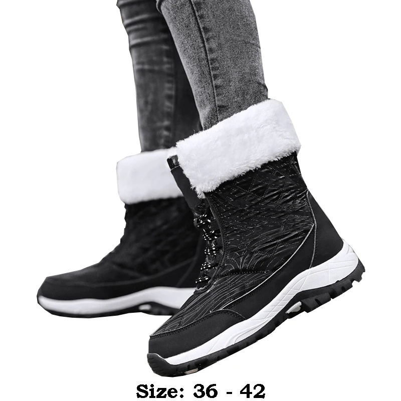 

High quality leather ankle length snow boots for women new 2024 winter 41 42 outdoor fur plush warm walking shoe black white