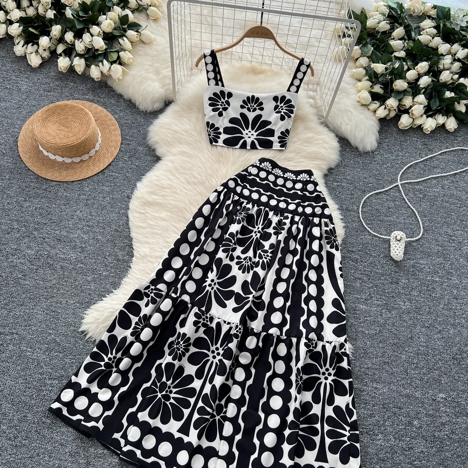 Chic Print Women Two-Piece Sets Sexy Short Straps Top and High Waist Slim A-line Skirt Korean Fashion Streetwear Summer Clothing