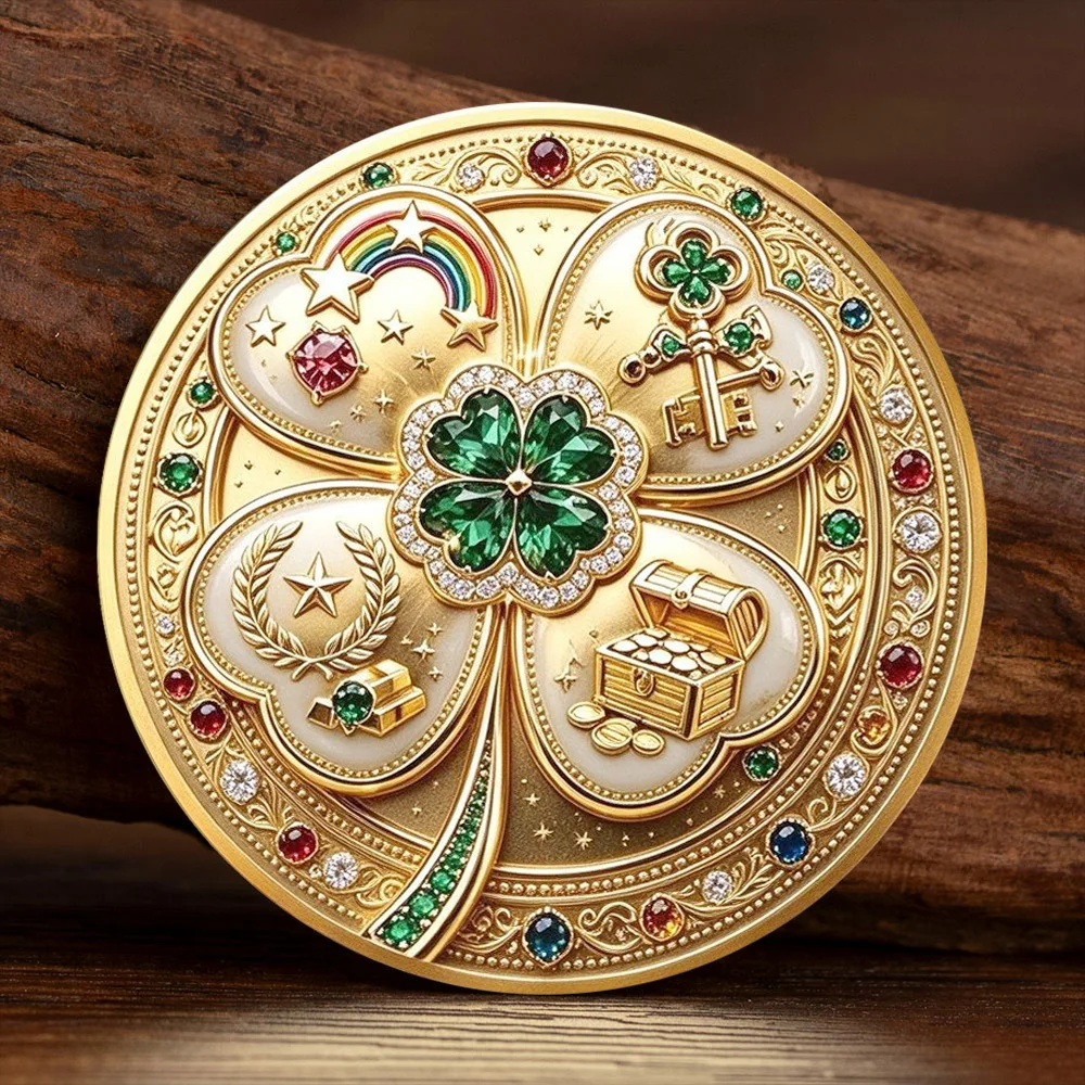 Lucky Four Leaf Clover Gold Plated Souvenir Coin Wealth Tree Commemorative Coin Gem Inlaid Metal Collectible Decor Gift