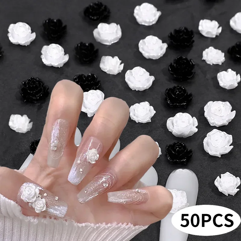 White Black Aurora Flower Nail Art Decoration 50PCS 3D Resin DIY Rose French Nails Design Charming Jewelry Nail Art Accessories