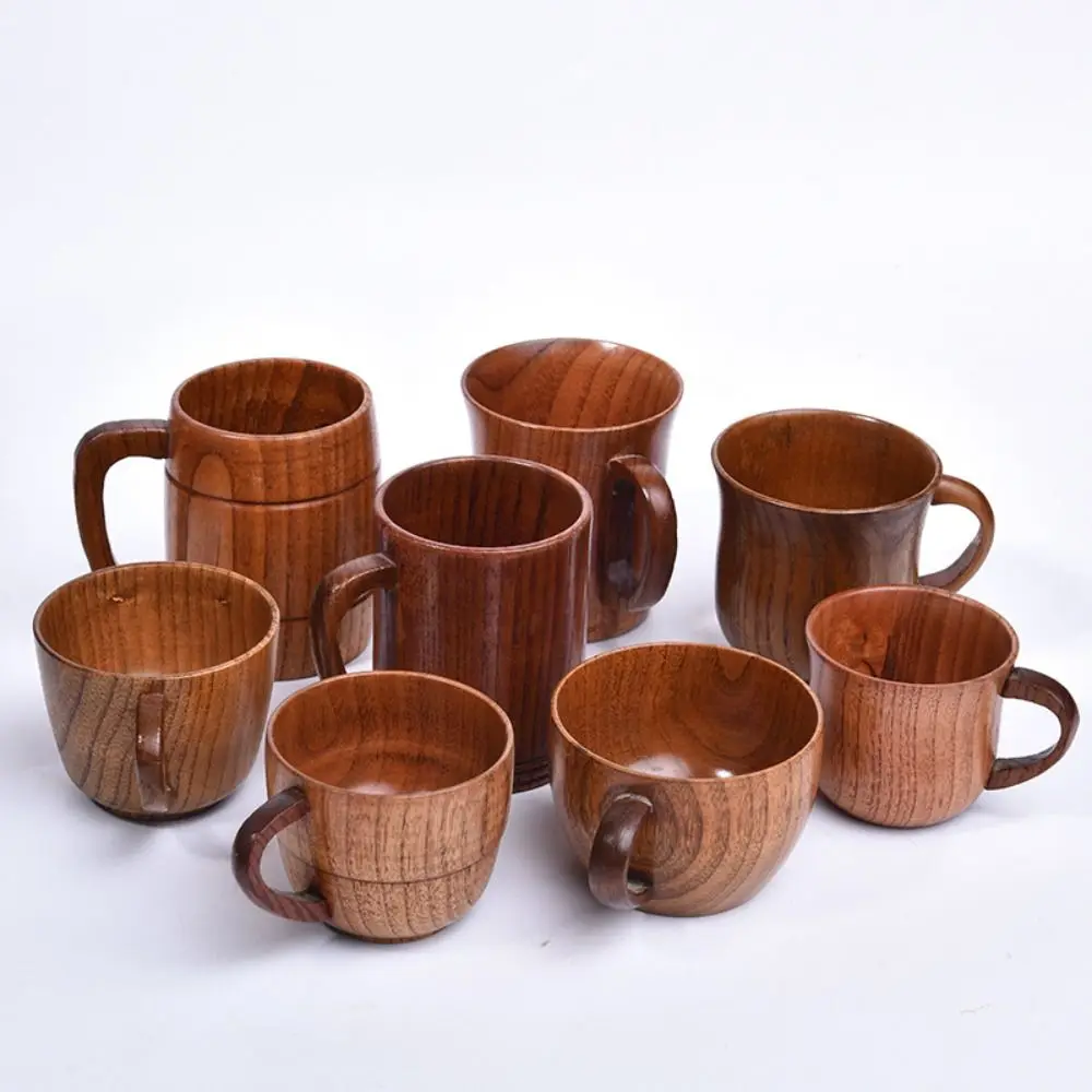 

Drinkware Vintage Wooden Tea Cup Japanese Style Handmade Drinking Cup with Handle Solid Wood Wine Mug Cup Office