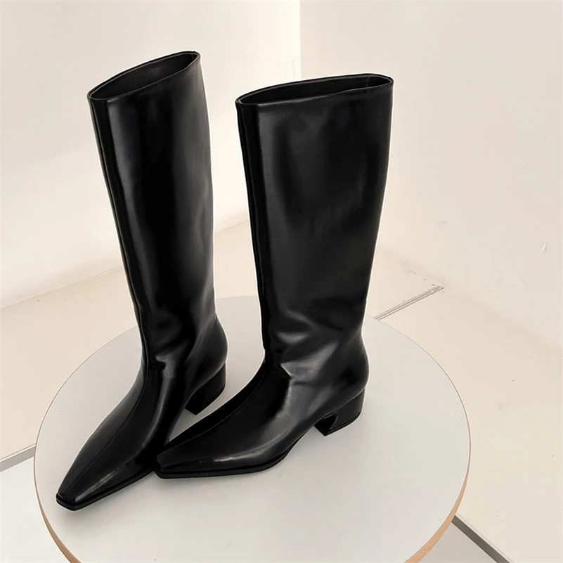 Meotina Women Genuine Leather Knee High Long Boots Square Toe Thick Mid Heels Gogo Boots Ladies Fashion Shoes Autumn Winter 40