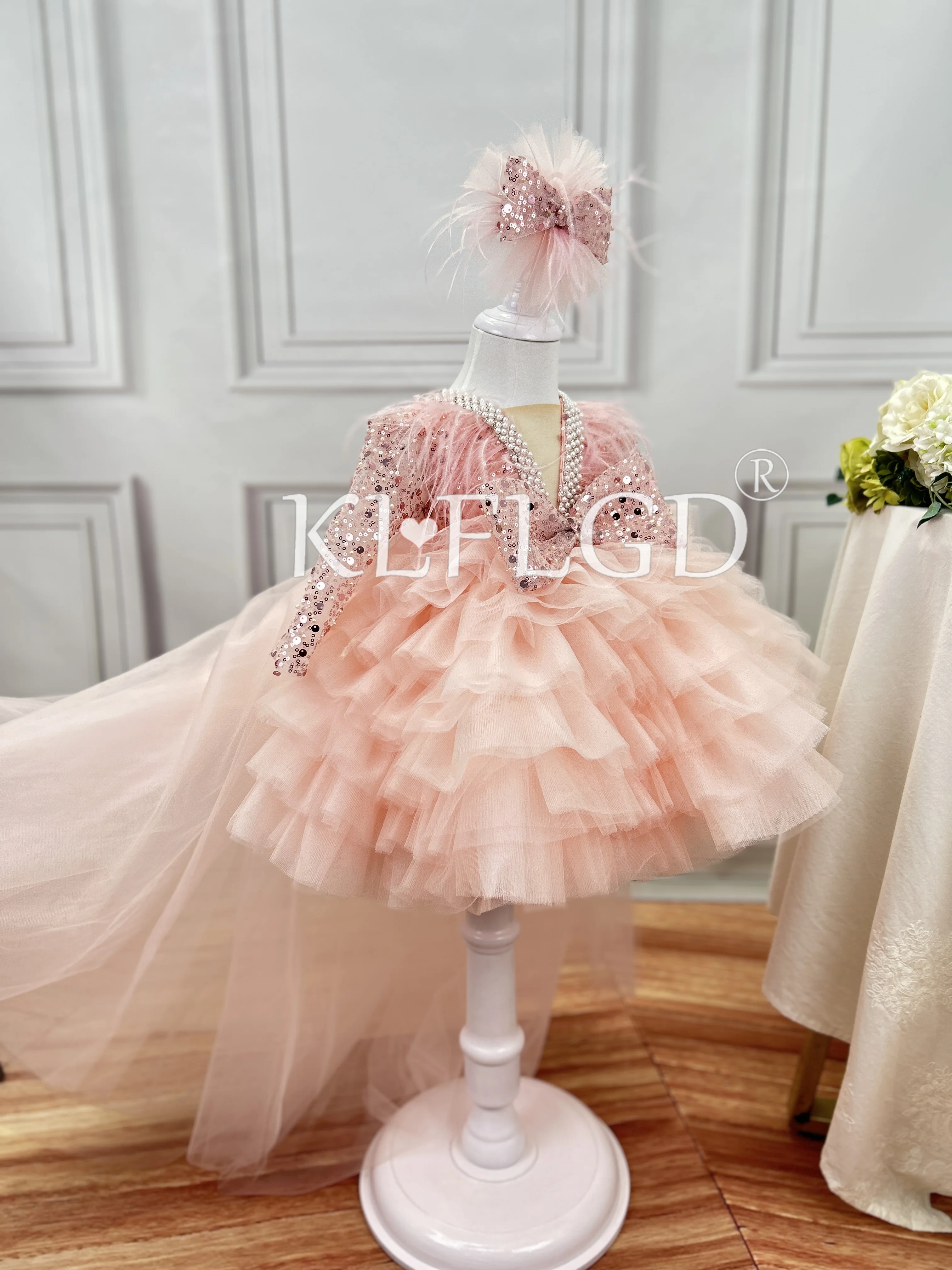 Girl's elegant pink dress, children's tail -tail handmade dress wedding birthday festival party girl clothing 2025 new