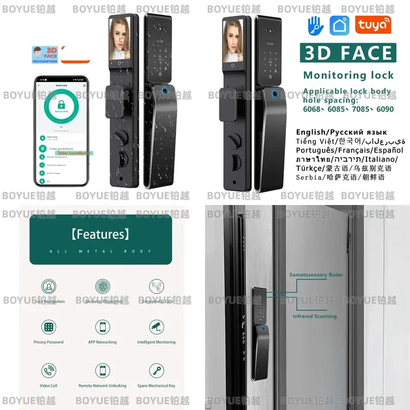 Smart Door Lock 3D Face Palm Vein Recognition Waterproof Electronic Keyless Entry Tuya WiFi Compatible for Aluminum Wooden