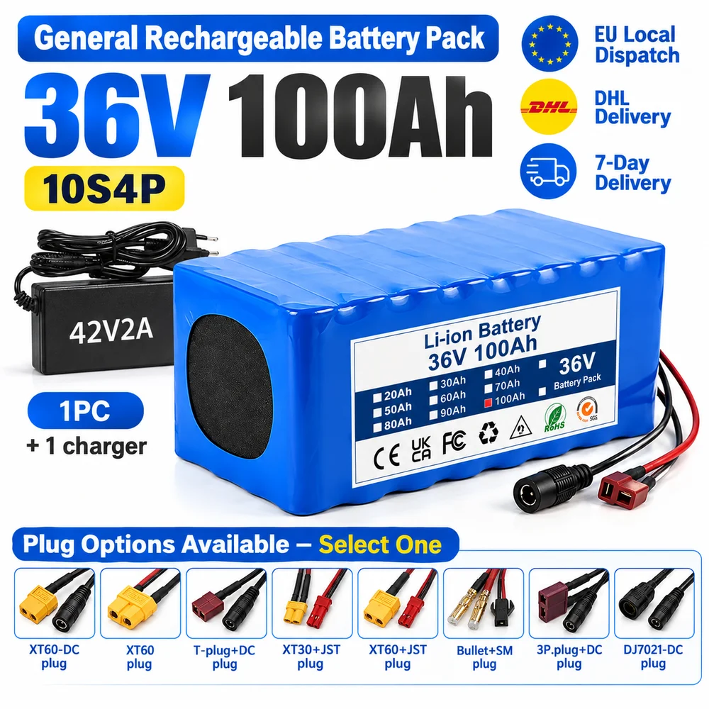 Quel pack de batteries rechargeables 36V 100Ah 10S4P convient à votre configuration ? GB-BP-36V-100Ah-10S4P avec prise XT60-DC, prise XT60, prise T + prise DC, prise XT30 + prise JST et option chargeur