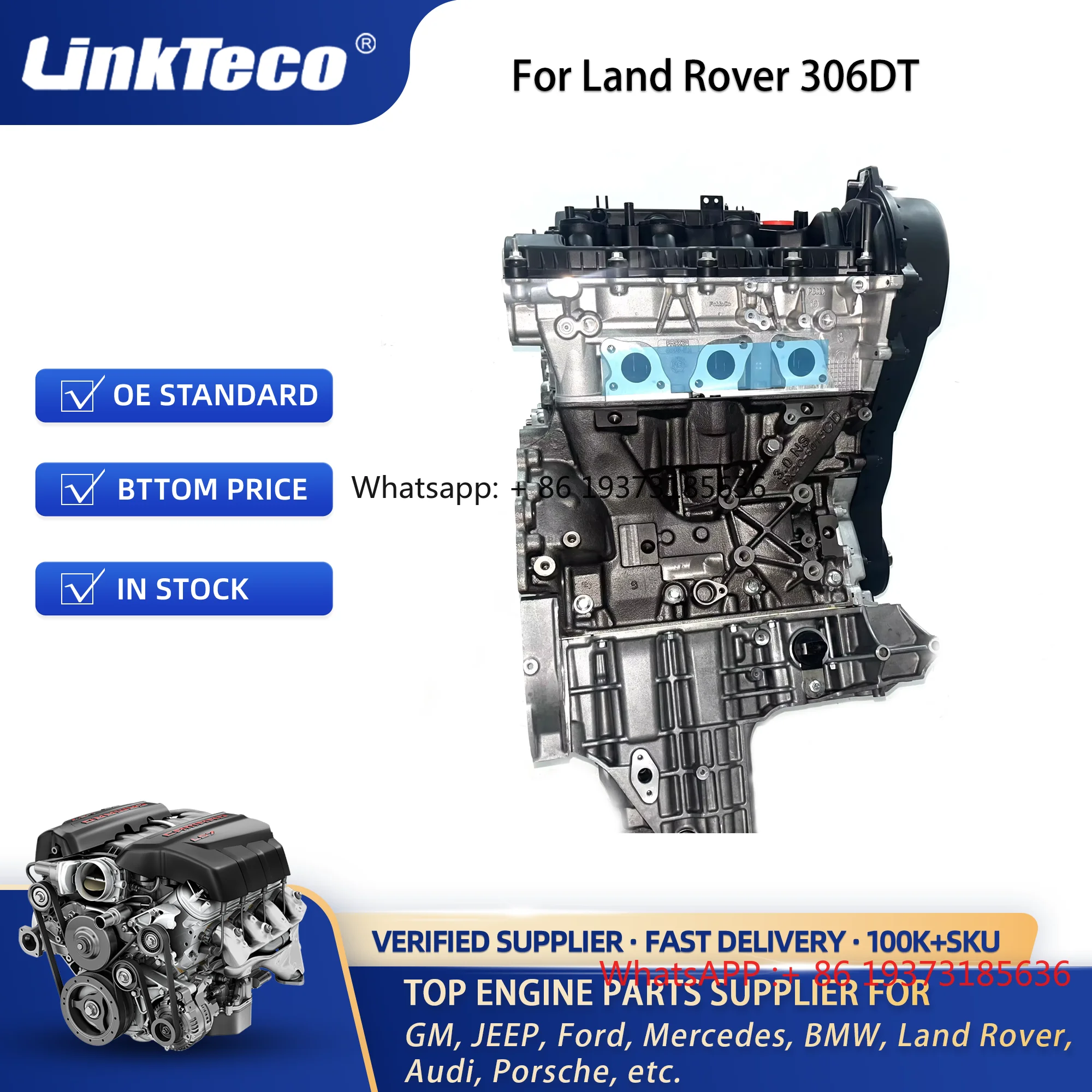 Linkteco Motore Lungo Blocco Cilindri Montaggio per Land Rover Range Rover 306DT 3.0L V6 Motore Auto Diesel LR069659 Ricambi Auto