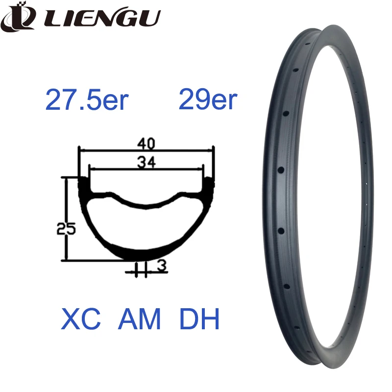 27.5er or 29er Mountain Bike Carbon Rims XC AM DH 40mm Width Asymmetry Offset 3mm 25mm Depth 24 28 32