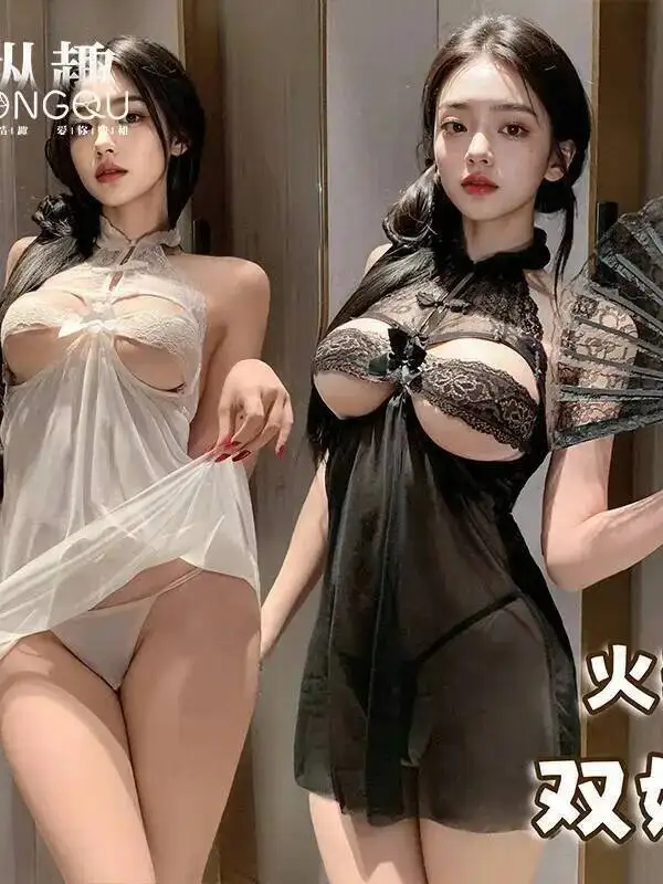 Abito sexy cheongsam in rete Passione Puro desiderio Tinta unita Pizzo Trasparente Stampa floreale Appeso al collo Abito avvolgente sull'anca Elegante 5Q6O