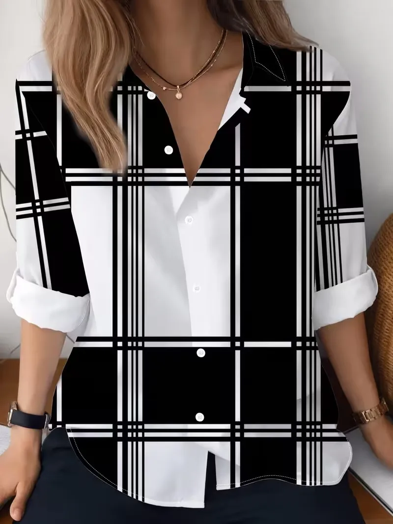 3D retro color striped printed shirt, women's autumn new long sleeved lapel casual shirt, casual regular versatile top