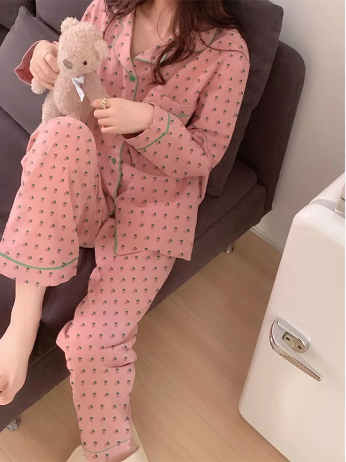  Strawberry Print Sleepwear Long Sleeve Long Pants Women's Outerwear Home Clothes Spring Autumn Sweet Style Casual Loose...
