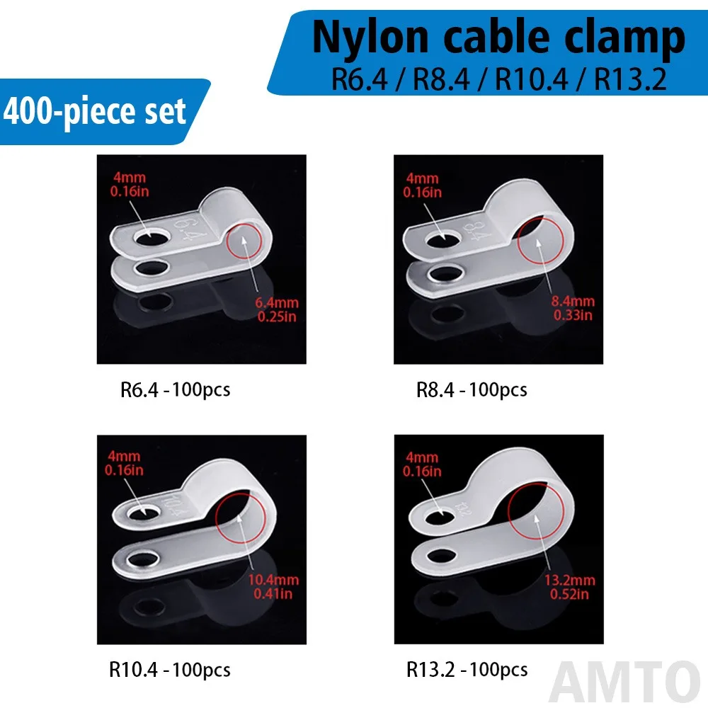 400 Pieces of White Nylon R-Type Cable Clamps, R6.4, R8.4, R10.4, R13.2, Suitable for Wire and Cable Harness Management