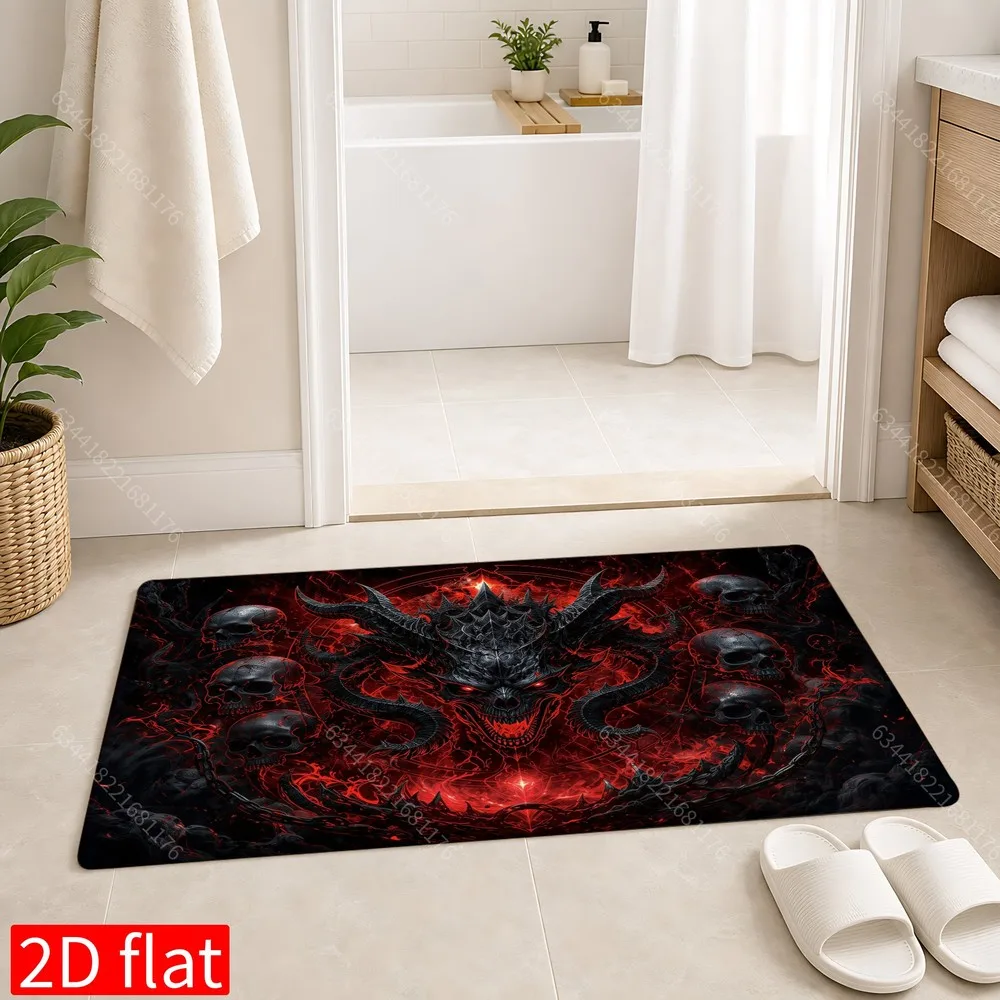 Dark Fantasy Devil Skull Horn Flame Pattern Area Rug, Non‑Slip Absorbent Quick‑Dry Floor Decor, Festive Home Ornament Perfect