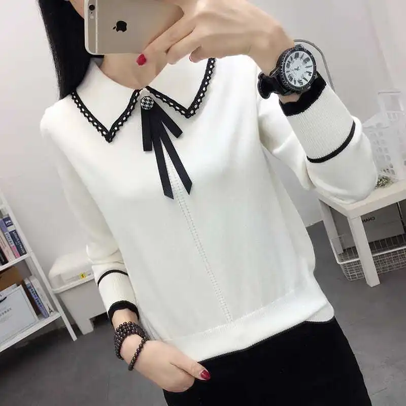 Spring Autumn Women Sweater Pullover New Fashion Doll Collar Bow Long Sleeve Knitted Sweater Women Joker Knit Tops Women Clothes