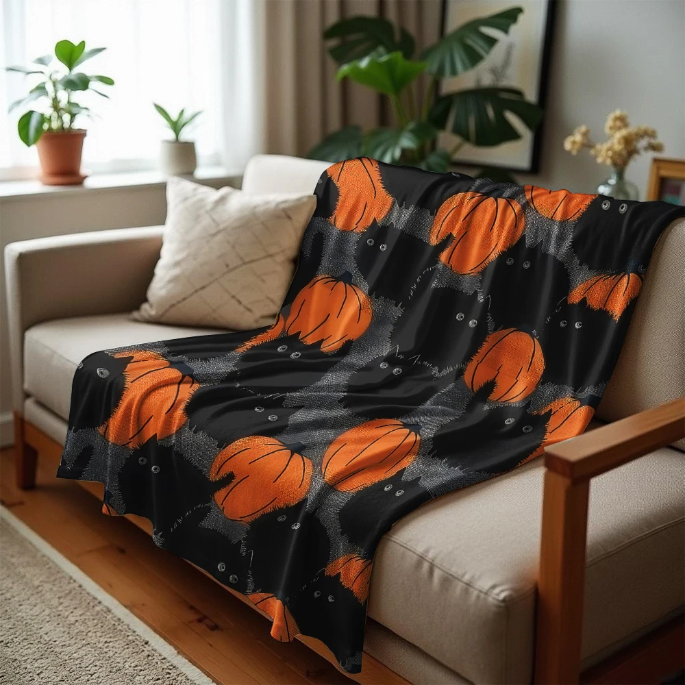 Grey Black Cat Pumpkin Soft Flannel Blanket Breathable Warm Throw for Office Car Sofa Kids Room Birthday Xmas Gift