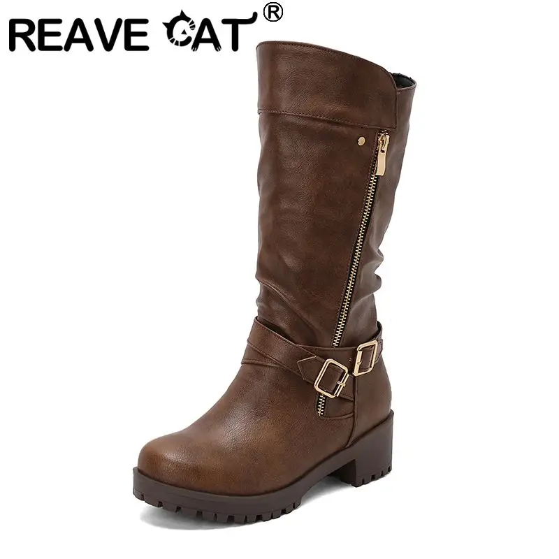 REAVE CAT 2027 Retro Female Mid Calf Boots Round Toe Block Heels 5cm Platform 2cm Zipper Belt Buckle Plus Size 44 US14  Bota