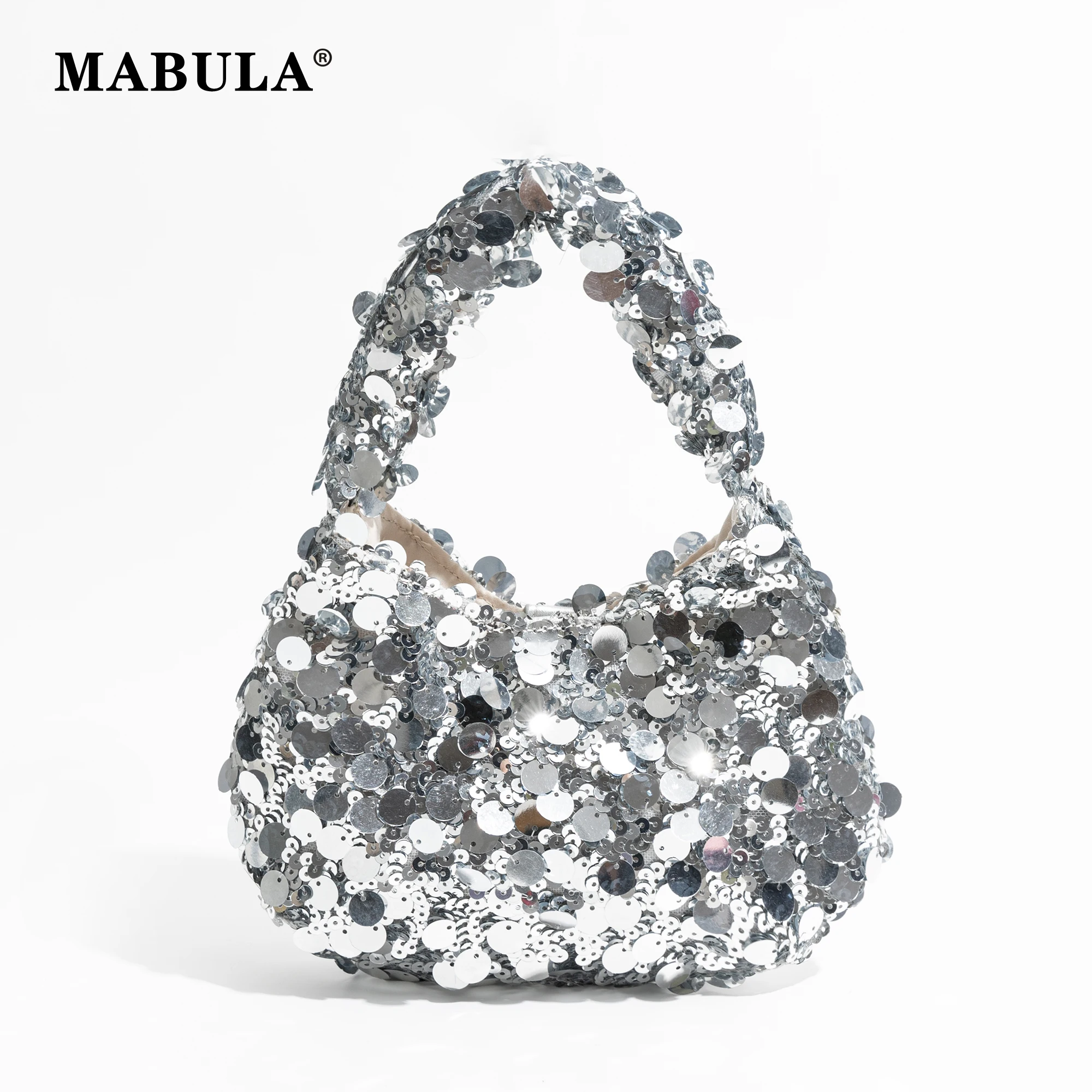 

MABULA Silver Sequin Fashion Woman Tote Handbag Small Evening Party Female Phone Purse Shine Elegant Ladies Shopping Bag