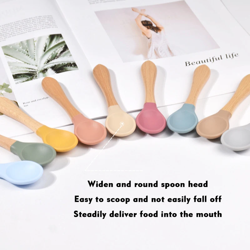 100% Food Grade Silicone Baby Wooden Handle Fork Spoon For Children's Eating Training Spoon For Complementary Food Tableware Set