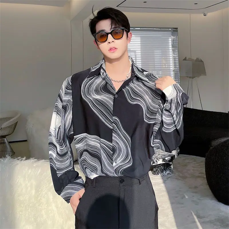 Shirts Long Sleeve Fashionable Korean Casual Geometric Loose Turn-down Collar Men's Clothing 2023 Spring Summer Thin Button Tops