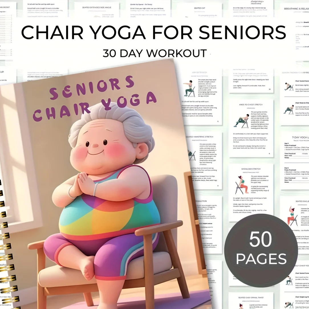 

30-Day Chair Yoga Workbook with Printable Charts & Illustrated Poses Gentle Stretching Balance Strength for Seniors Home Fitness