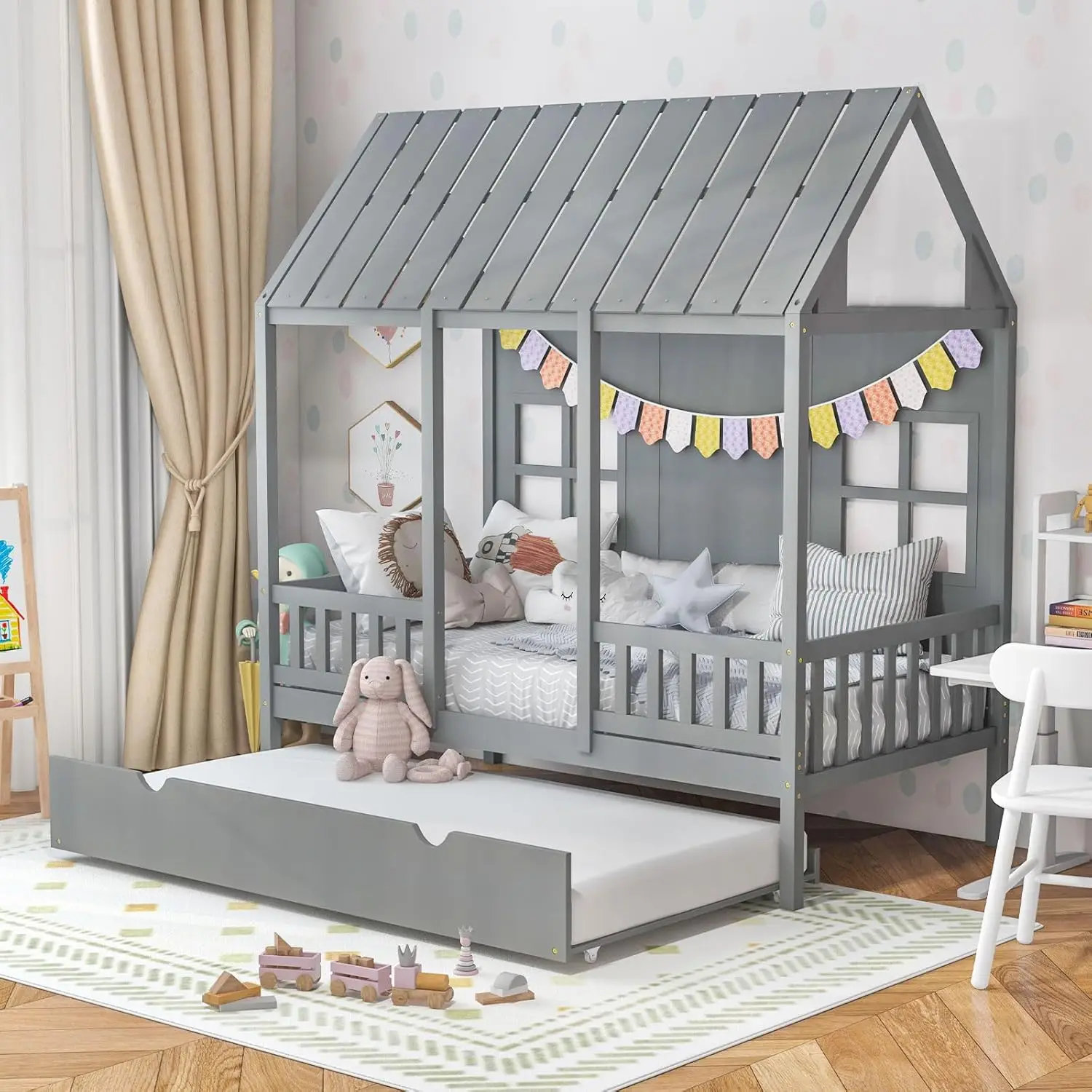 Twin House Bed with Trundle, Kids Bed Frame with 82