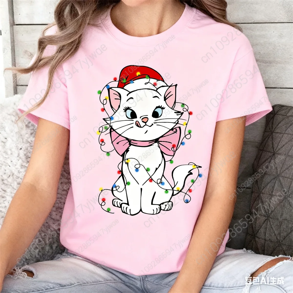 Cute Marie Cat Coquette Bow Christmas Lights Shirt the Aristocats T-shirt Very Merry Christmas Party Tee Summer Women's T-shirt