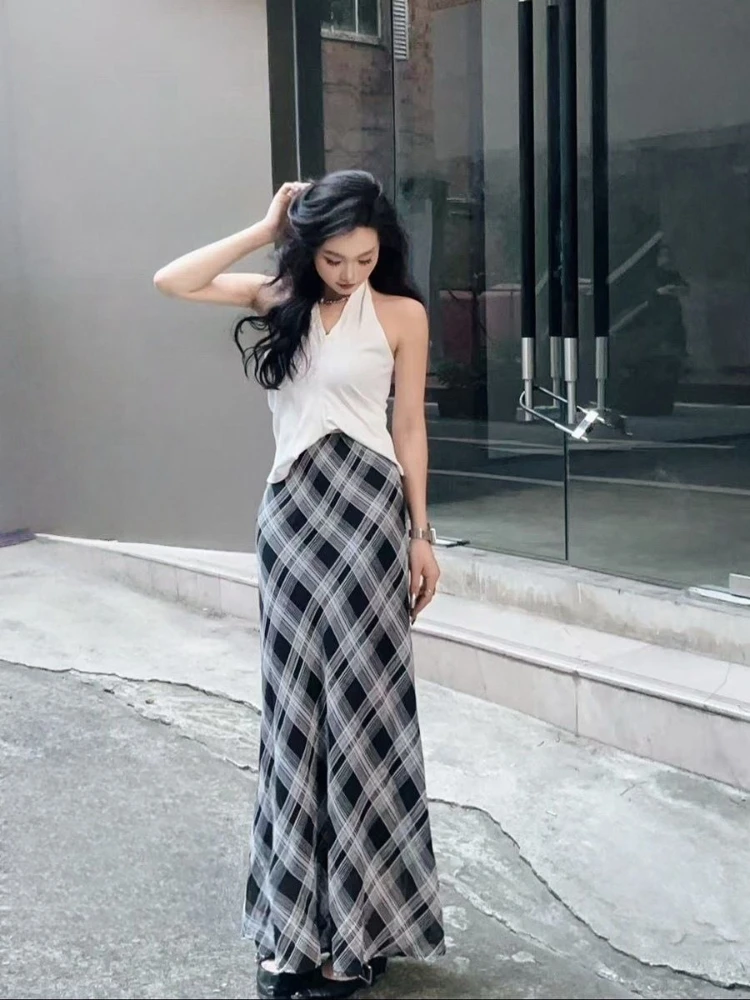 

Винтажная художественная женская легкая шифоновая юбка-русалка в клетку, летняя коллекция 2026, стройнящая, элегантная, подчеркивающая фигуру