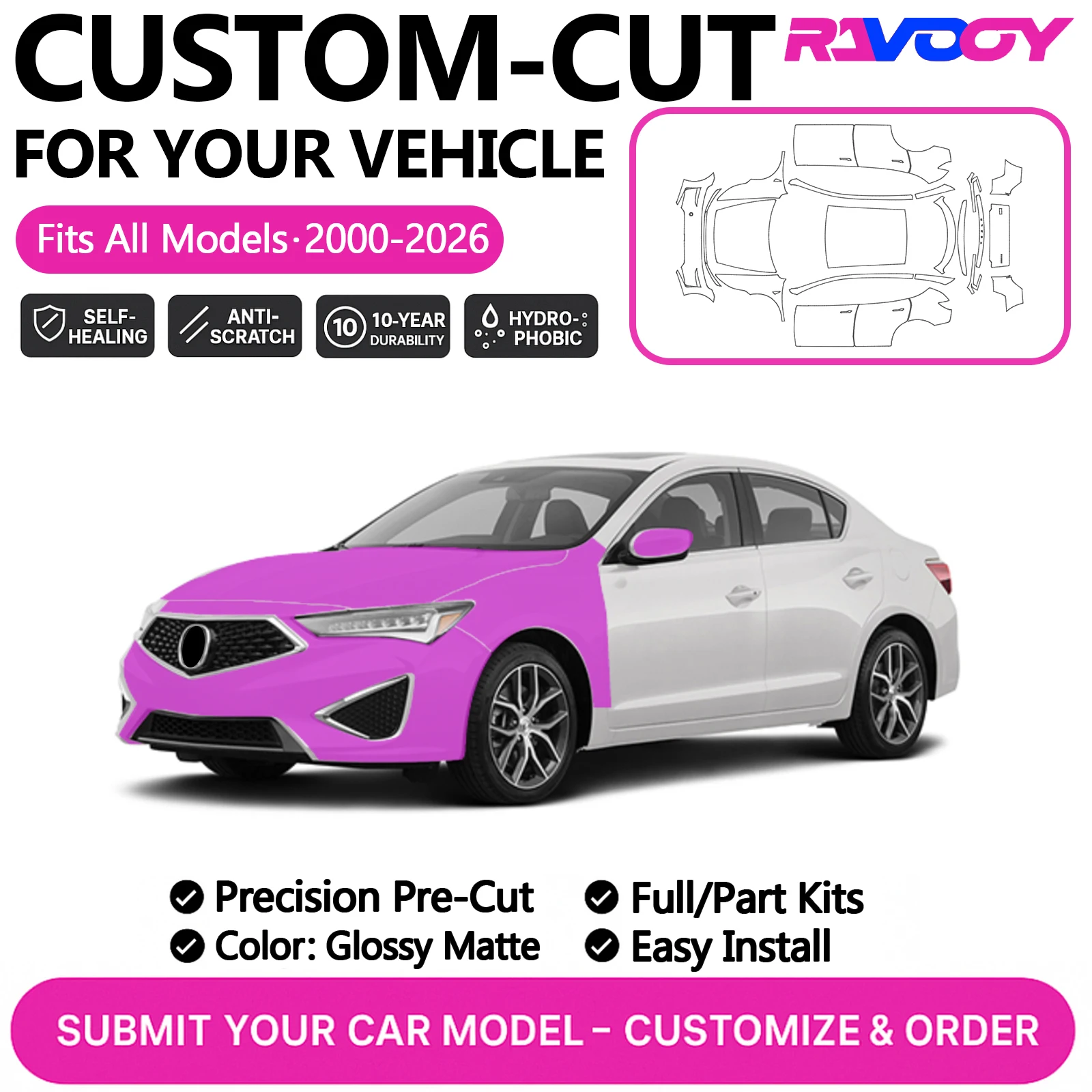 

For Acura ILX Prestige 2016 2017 2018 2019 2020 2021 2022 2023 Custom Precut PPF Paint Protection Film Kit - Clear/Matte