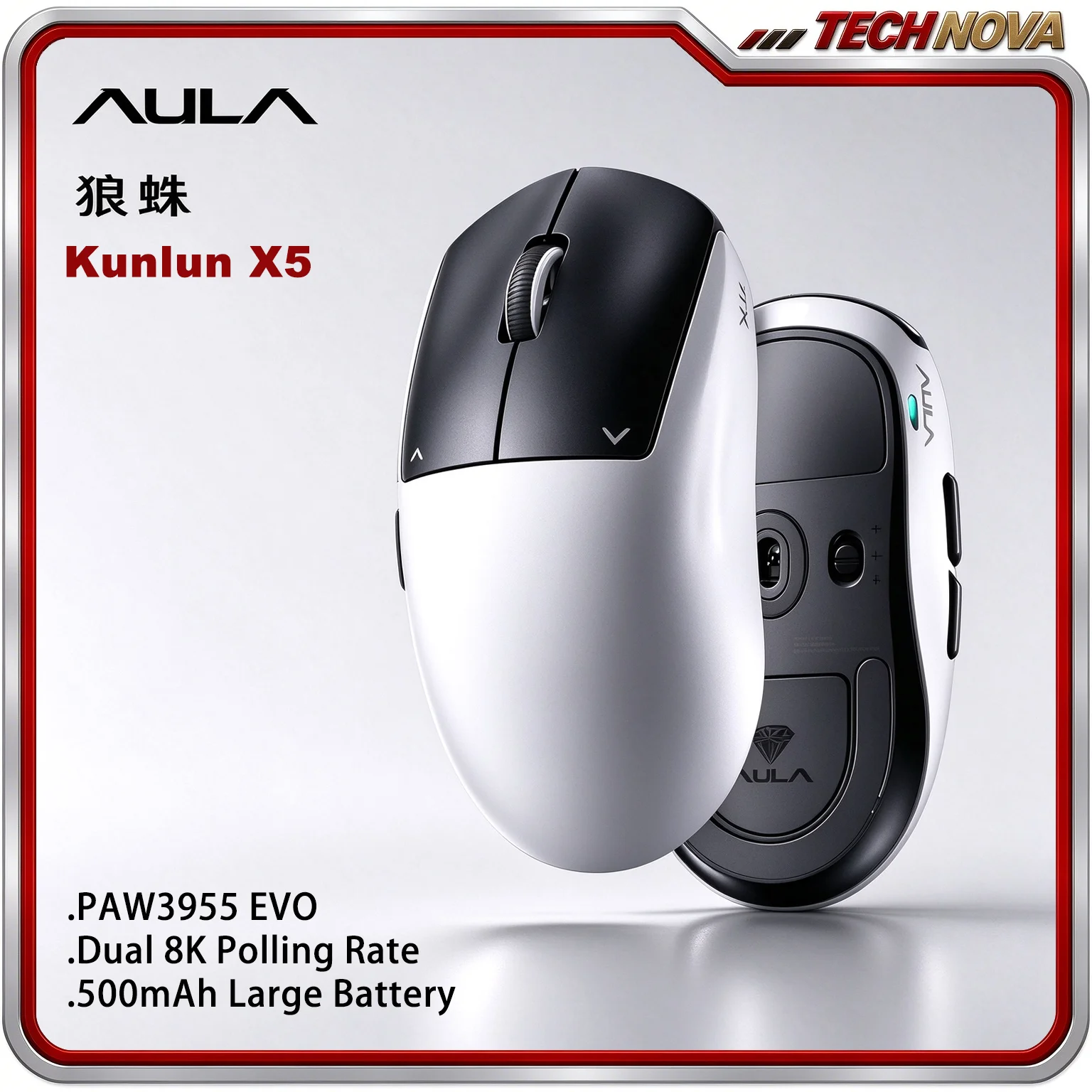AULA Kunlun X5 Wireless Gaming Mouse PAW3955EVO Dual 8K SSHS Electromagnetic Micro switch 65g For Mid-Large Hand Esports FPS