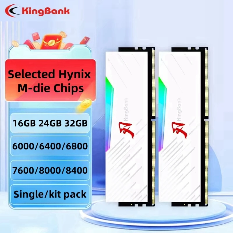 KingBank DDR5 Hynix M-die RGB RAM 16GB 24GB 32GB 48GB 6000 6400 6800 7600MHz U-DIMM Desktop Computer Memory With Whitw HeatSink