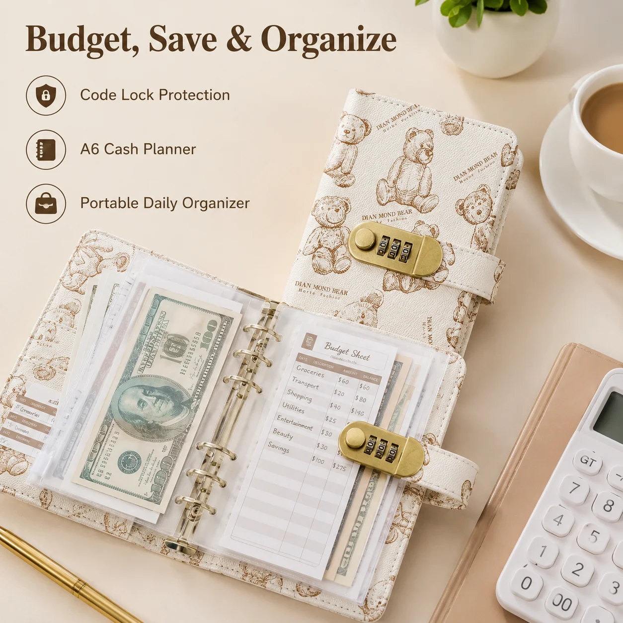 Carnet de budget A6 avec serrure à code, motif ours de dessin animé, carnet de caisse, agenda quotidien, organisateur de journal intime anti-éclaboussures pour la gestion des finances et l'étude