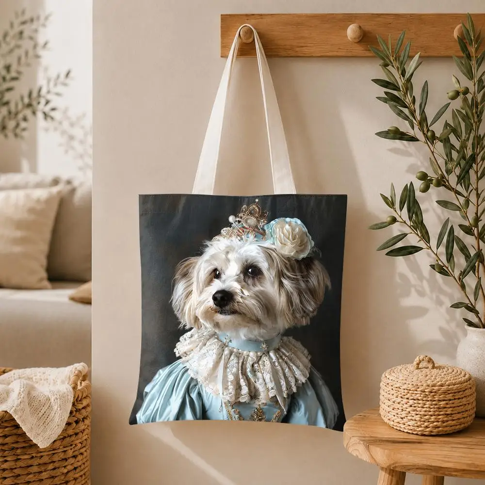 Cute Royal Pet Portrait Storage Bags Large Capacity Canvas Tote Bag Double-Sided Print Shoulder Handbag for Daily Shopping
