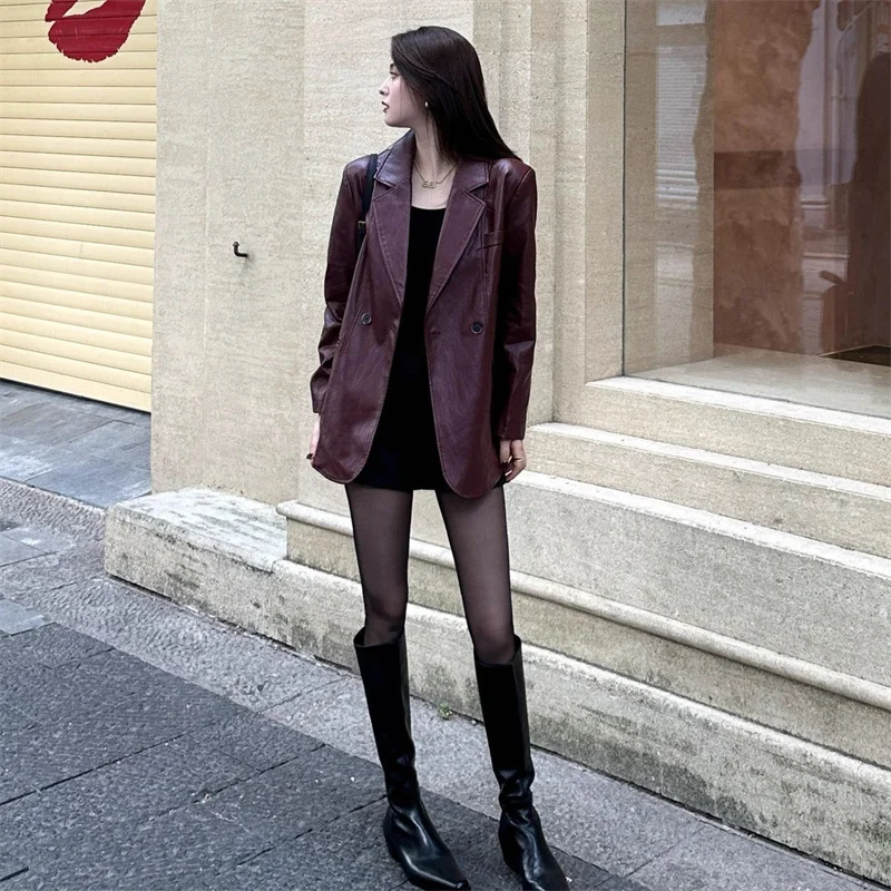 Red Suit, Leather Jacket, Women's Spring and Autumn American Retro Fashion, High-end Feeling, Loose PU Leather Jacket, Fashion 6