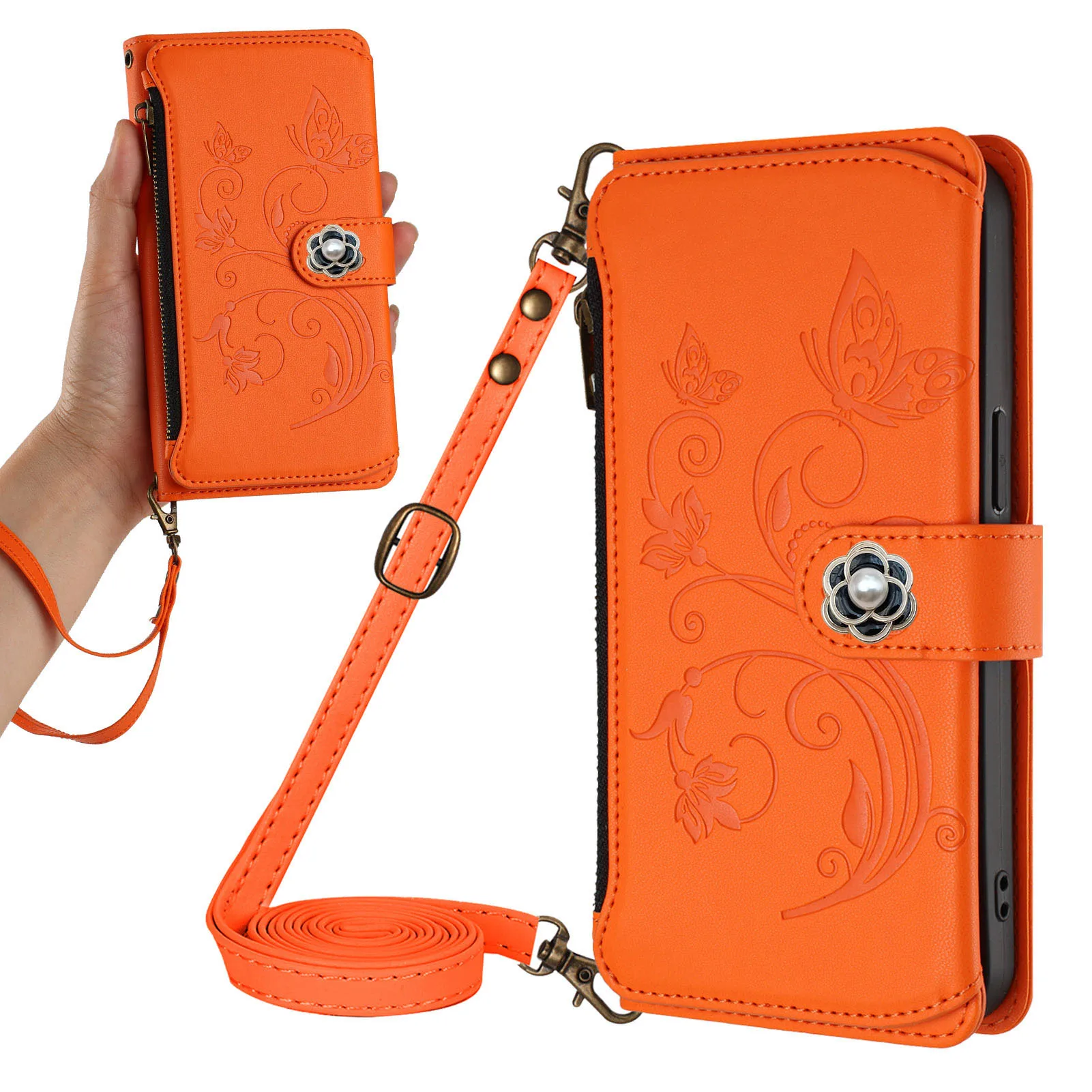 

Чехол-кошелек на молнии через плечо для Xiaomi Poco C75 C71 C65 C61 C55 C51 C50 C40, кожаный ремешок с камелией, 5 карт, откидная крышка на запястье