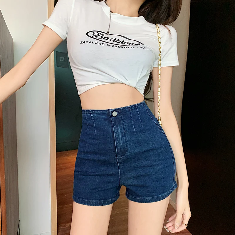 Deep Blue High Waist A-Line Denim Shorts Women's Summer Fashion plus Size Slimming Korean Style Trendy Flared Cuffed Jeans