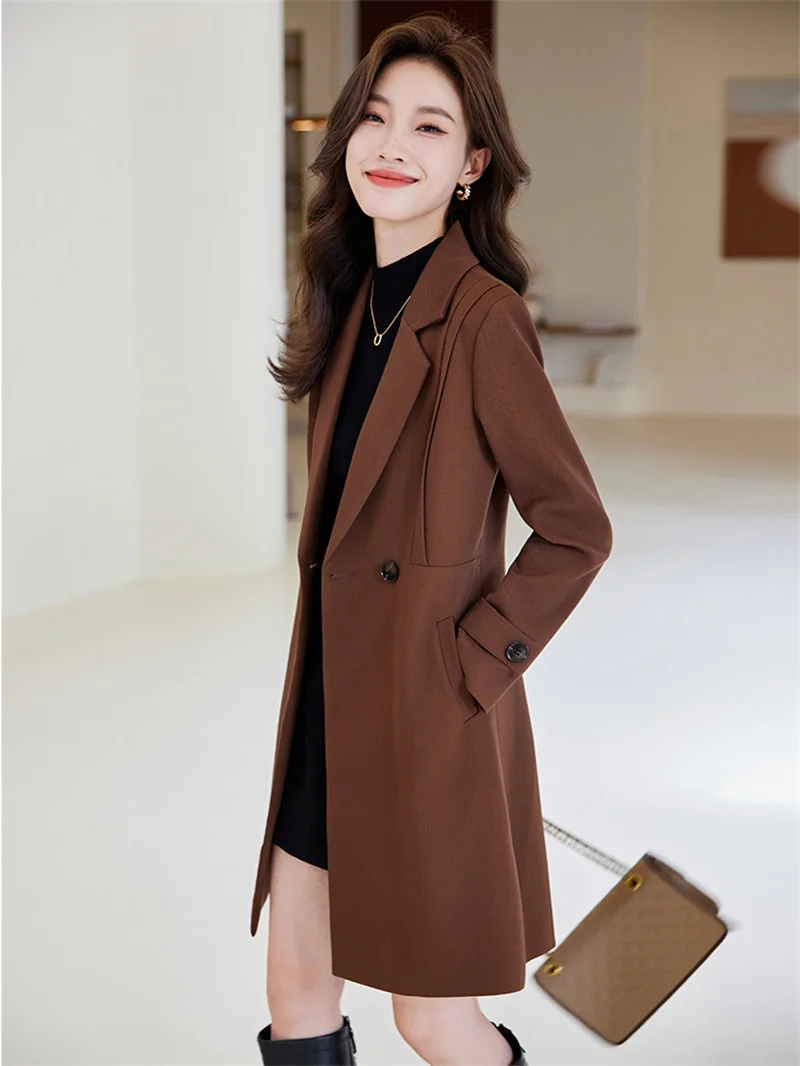 Autumn Winter Women Suit Coat New Solid Color Double Breasted Mid Long Windbreaker Female Outerwear Ladies Formal Office Blazer