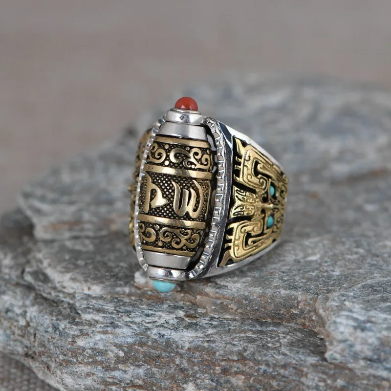 Handcrafted 925 Silver colour Tibetan Prayer Wheel Ring Buddhist OM Mani Padme Hum Ring Good Luck Turning Man Ring Resizable