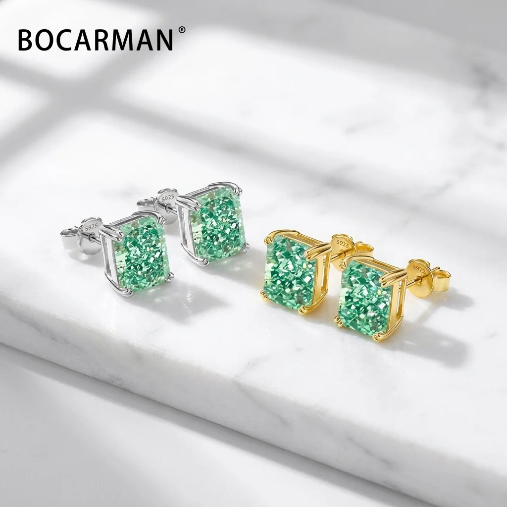 Bocarman Ice Cut Zircon Stud Earrings S925 Silver Paraiba Tanzanite Blue Mint Green Rectangular Multicolor Women Fine Jewelry