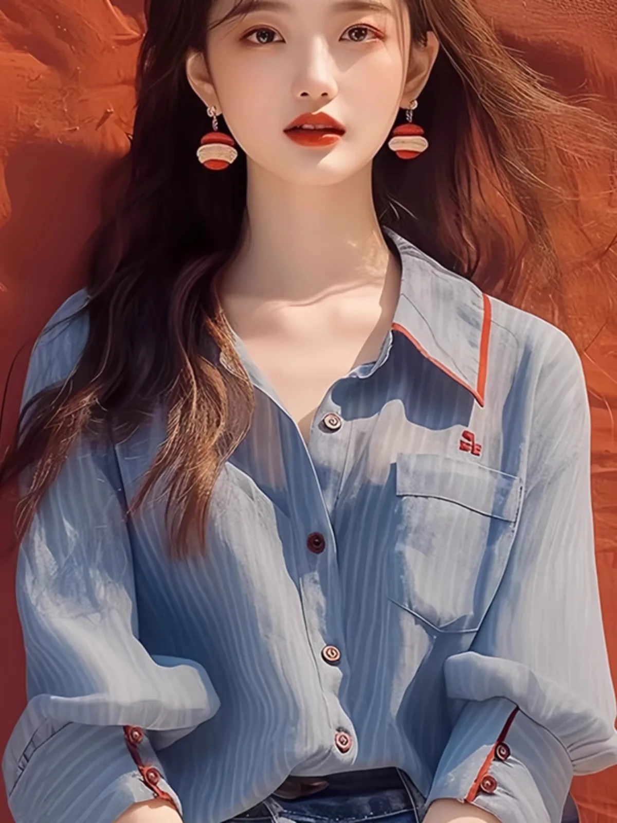 Niebieska koszula damska w paski z kołnierzykiem, elegancka, unikalna, w stylu koreańskim, długa, luźna, z włókna poliestrowego, z ochroną UV, kolekcja wiosna 2025.